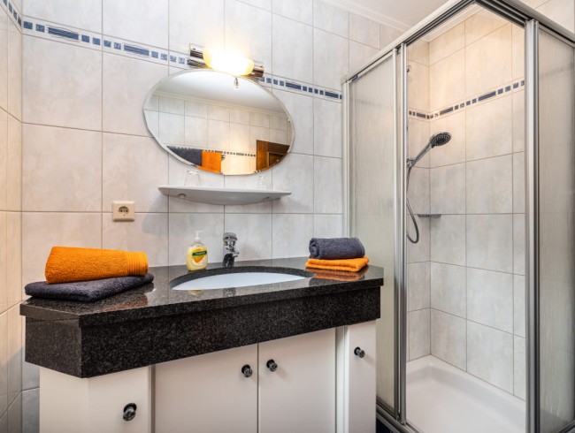 Badezimmer mit Dusche und Waschtisch